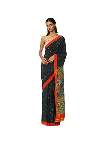 Satya Paul Crepe Green Teal Printed Silk Sari