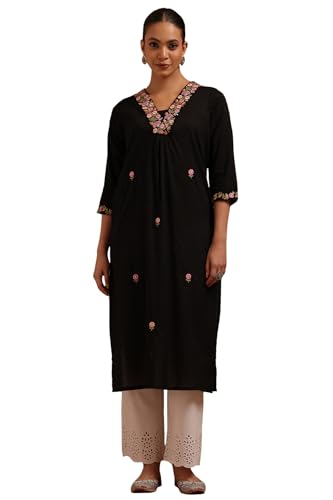 Soch Womens Black Cotton Dobby Embroidered Kurta with Thread Work