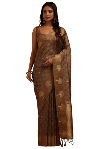 Soch Womens Olive Tussar Floral Woven Design Saree With Zari