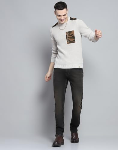 Monte Carlo Mens Self Design Beige Round Neck Full Sleeve Pullover