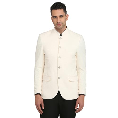 Raymond Men Regular Fit Jacquard Pattern Polyester Elastane Blend Stand Collar Full Sleeve Formal Jacket (Size: 44)-RMJX02790