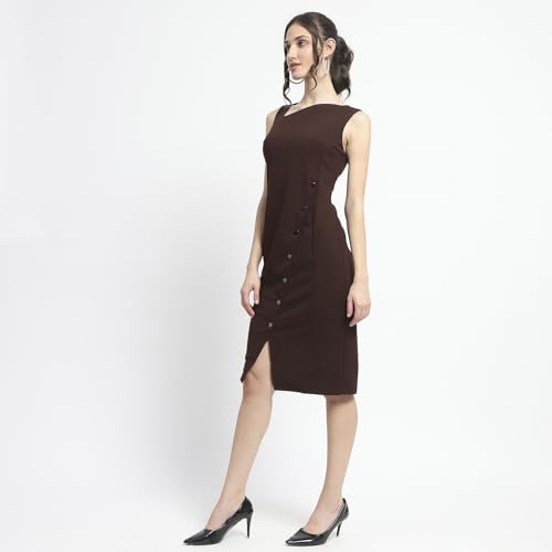 Madame Button Detailed Chocolate Brown Bodycon Knit Dress