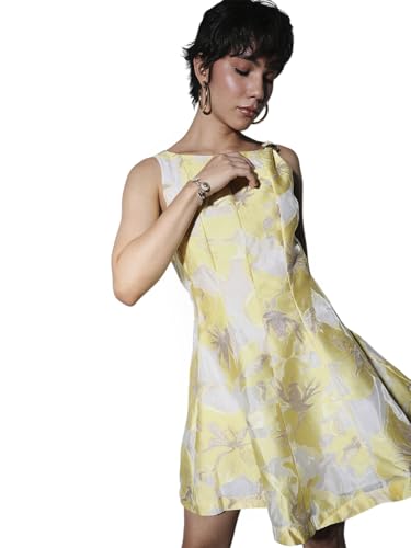 ONLY Women's Self Design Fit and Flare Yellow Dress