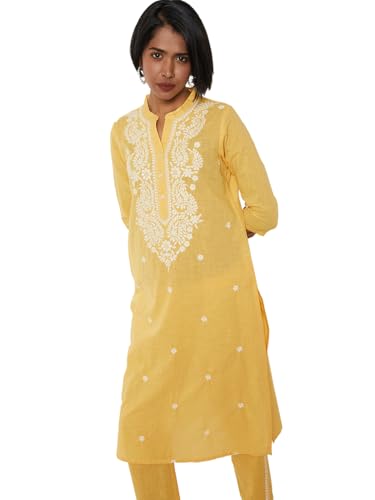 Max Women Embroidered Straight Kurta Set (Yellow_L)