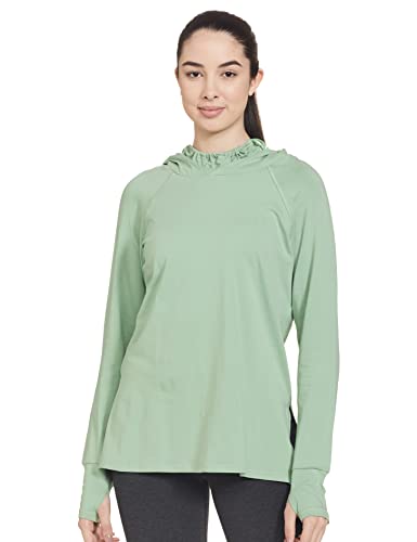 Enamor Athleisure Women's 4 Way Stretch Cotton Quick Dry and Antimicrobial Hooded Mask T-Shirt for Women - A302(A302-Pistachio-M)