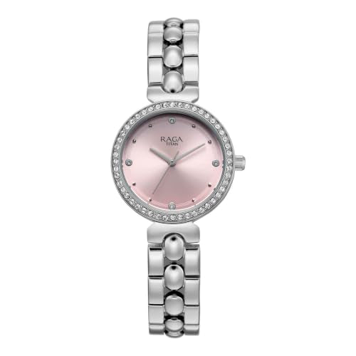Titan Raga Showstopper 5.0 Quartz 3 Hands Round Pink Dial, Silver Strap Watch for Women - 95459SM01