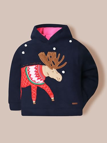 Cherry Crumble Navy Blue Solid Full Sleeves Hood Applique with Embroidery Unisex Winter Sweatshirt