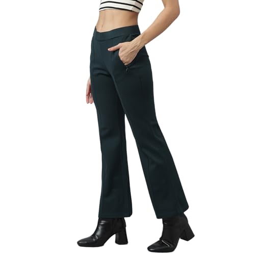 Latin Quarters Women Green Casual Solid Flared Mid Rise Trouser_M