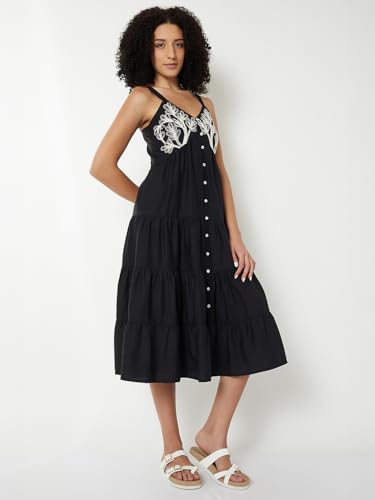 Max Women Embroidered Tiered Midi Dress (Black_S)