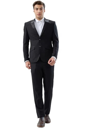 Park Avenue Men Super Slim Fit Jacquard Pattern Terry Rayon Blend Peak Lapel Full Sleeve Ceremonial Suit Black