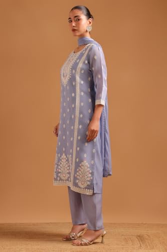 Soch Womens Blue Chanderi Botanical Embroidered Chikankari Embroidery Salwar Suit