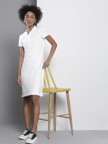 Tommy Hilfiger Women White Collar Short Sleeves Solid Cotton Button Polo Dress Knee-Length A2BWV153