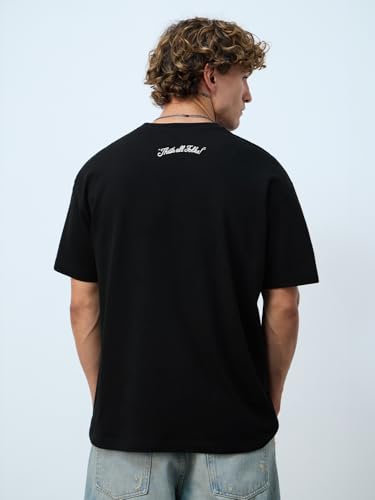 The Souled Store Looney Tunes: Going in Circles Men and Boys Short Sleeves Round Neck Black Graphic Printed Cotton Oversized T-Shirts