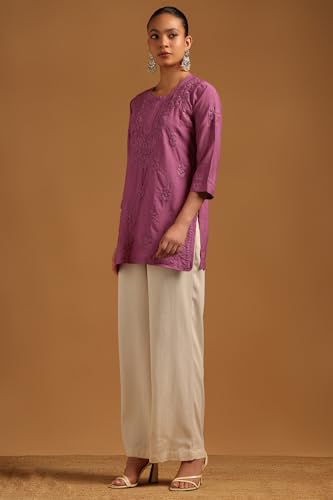 Soch Womens Purple Chanderi Floral Tunic with Thread Work