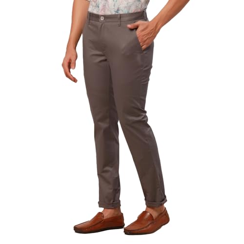 Raymond Men's Slim Fit Solid Pattern Cotton Blend Flat Front Dark Grey Casual Chinos