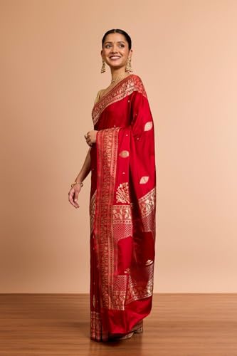 Taneira Women Red Pure Silk Kadwa Banaras Saree With Unstitched Blouse Piece (SAIH04AC5735-Red)