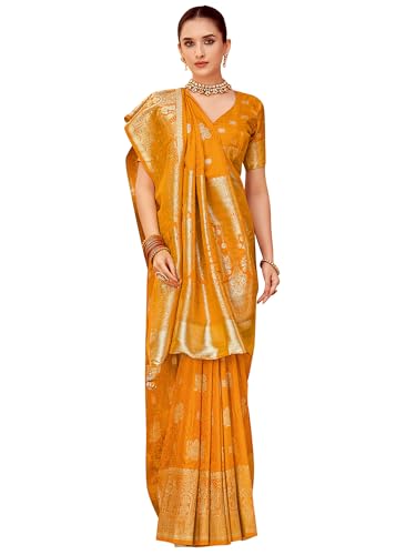 AKHILAM Women's Mustard Satin Silk Woven Design Saree With Unstitched Blouse Piece (RNGREET203_HS)