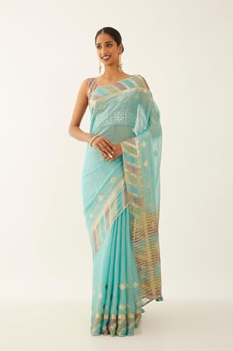 Taneira Women Blue Tissue Georgette Woven Saree with Unstitched Blouse Piece (SPG07J00040-Blue)