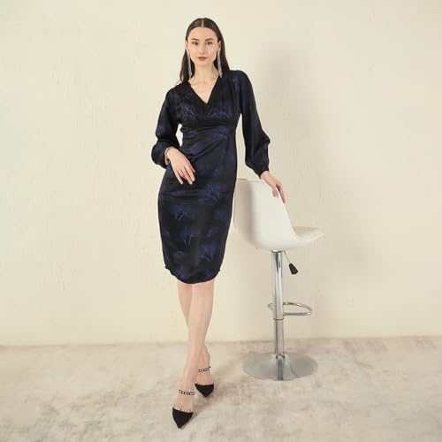 Madame Abstract Print Surplice Neck Black Midi Dress