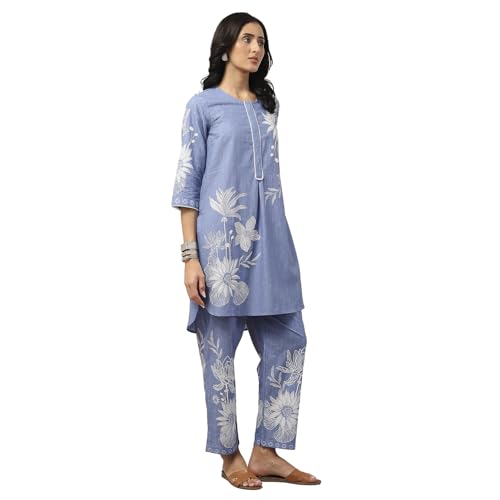 BIBA Women Blue Cotton Straight Kurta Pants Set_36