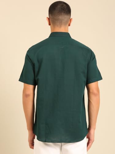 Cavallo by Linen Club Men's Half Sleeve Solid Regular fit Linen-Cotton Casual Shirt Dark Green