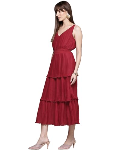 Label RITU KUMAR Red Fashion Flair V Neck Long Dress