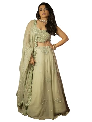 Zeel Clothing Women's Georgette Dori And Sequins Embroidered Work Semi Stitched Georgette Lehenga Choli With Dupatta (7060-Pista-Wedding-Stylish-Lehenga-Choli; Free Size), Green