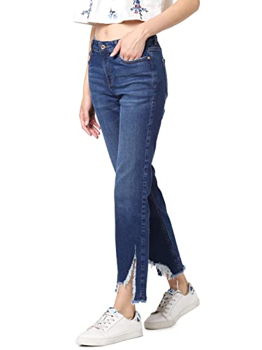 ONLY Women's High Rise Flared Jeans with Frayed Hemline Dark Blue