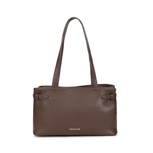Fastrack Gilded Lock Brown Shoulder Bag | Pebbled Faux Leather Handbag with Swivel Clasp Front | Spacious Zip Closure Bag with Organizer Pockets & Dual Handles