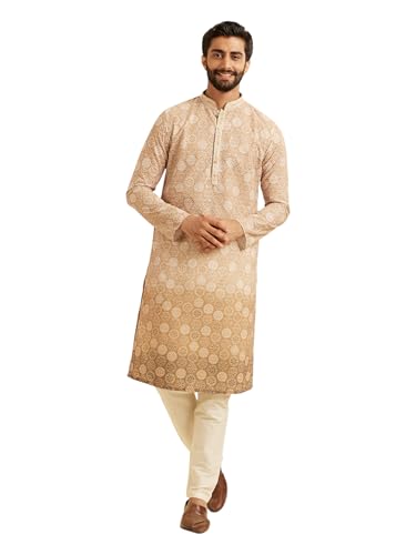 Manyavar Men's Cotton Blend Printed with Thread Embroidery Kurta Pajama Set (Fawn,XXL)