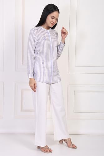 W for Woman White Striped Printed Thread Embroidered Straight Top - (WST31377-116511-XS)