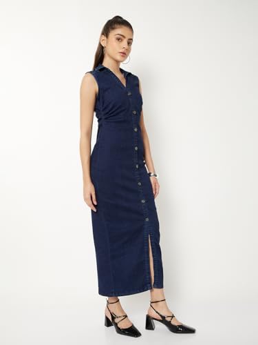 Max Women Ruched Denim Shirt Dress (Blue_M)
