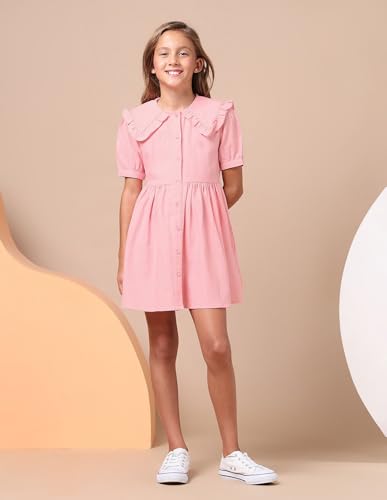 U.S. POLO ASSN. Kids Regular fit Cotton Short Sleeves Round Neck Dresses (UGDRS0425_Pink_13-14Y)