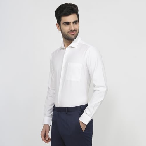 Raymond Men Regular Fit Structure Pattern Pure Cotton Semicutaway Collar Full Sleeve Tail Bottom Hem Formal Shirt White