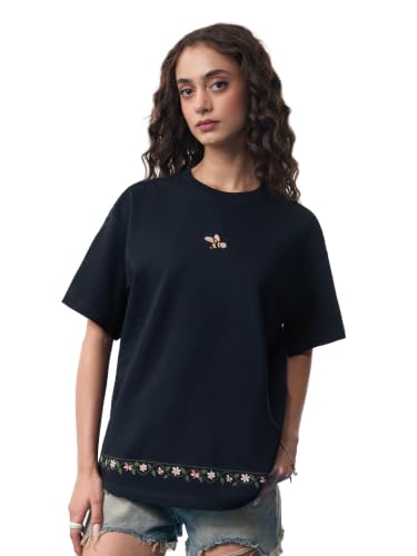 The Souled Store Winnie The Pooh: Peace: Women and Girls Short Sleeve Round Neck Black Embroidered Cotton Oversized Breathable Streetwear Casual Lounge Summer Drop Shoulder T-Shirts