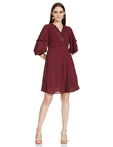 AND Women's Polyester Wrap Knee-Length Dress (EE22AB062DRPG_Wine_12)