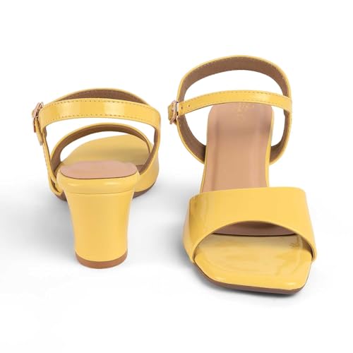 tresmode SOLOR Women's Block Heels Sandals Stylish Yellow, 6 UK / 39 EU - Square Toe Ladies Footwear Soft Comfortable Sandals