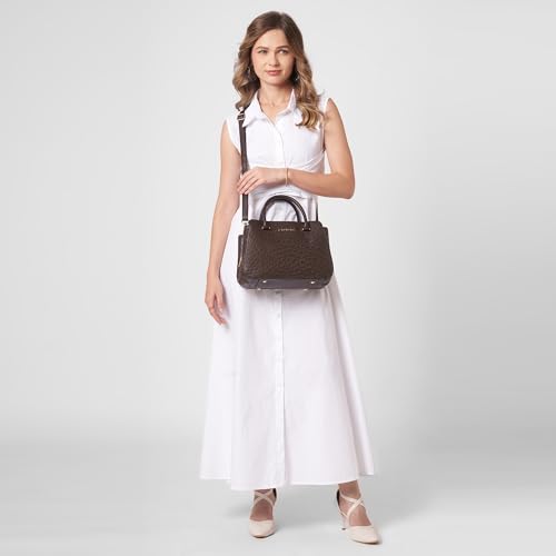 Caprese Britney Medium Satchel Bag for Women | Animal Texture Faux Leather Shoulder Bag with Adjustable & Detachable Strap | Zipper & Magnetic Button Closure | Office & Casual Use (Coffee Brown)