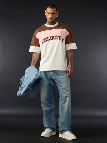 The Souled Store Colourblock T-Shirt: Rocky Road Men and Boys Short Sleeves Round Neck Brown Casual Lightweight Drop Shoulder Streetwear Trendy Super Oversized T-Shirts