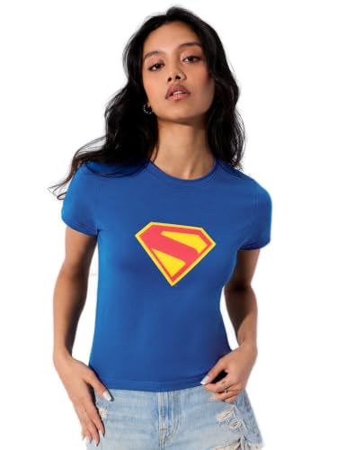 The Souled Store Supergirl: Super Suit Women and Girls Short Sleeves Round Neck Blue Graphic Printed Cotton Slim Fit Stretch Lightweight Everyday T-Shirts