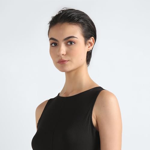 Calvin Klein Cotton Black Solid Round Neck Sleeveless Women Seaming Rib Dress (M)