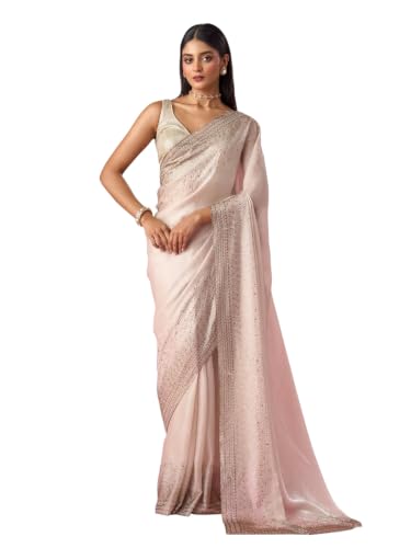 MOHEY Women's Cream Organza Saree with Stone Work with Blouse Piece (Cream)