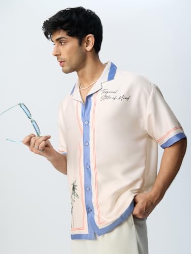 The Souled Store Hawaiian Shirt: State of Mind Men and Boys Short Sleeves Collared Neck Printed Polyester Lightweight Wrinkle-Resistant Oversized Holiday Shirt