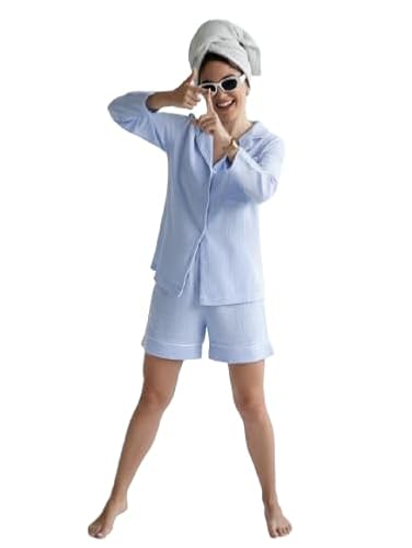 bellababebysk Women's Cotton Textured Button-Down Shirt with Shorts Set | Summer Wear | Coord Set | Fancy Shorts Set | Trendy two-piece lounge set (Azure Blue, XL)