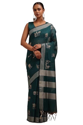 Soch Womens Teal Chanderi Warli Print Saree With Thread Work