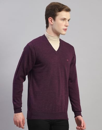 Monte Carlo Mens Purple Solid V Neck Full Sleeve Wool Casual Sweater (1230507VN-2439-46)