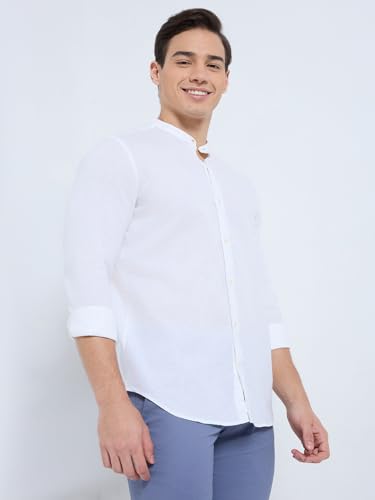 Raymond Men Regular Fit Chambray Pattern Cotton Linen Blend Mandarin Collar Full Sleeve Casual Shirt (Size: 39)-RCSM01923-W0