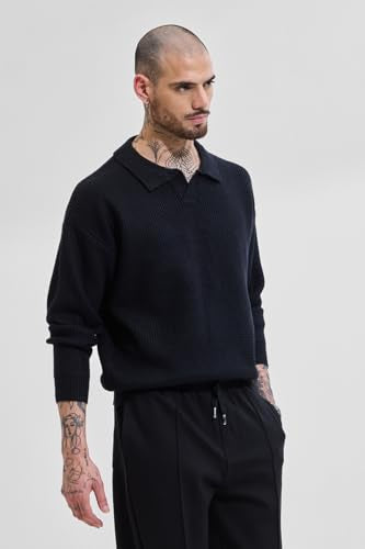 SNITCH Men's Sweater | Relaxed Fit Textured Knit Design | Viscose Blend Fabric with Polo Collar & Full Sleeves | Pullover Style for Casual & Streetwear Occasions |Black