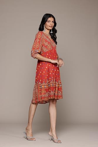 Aarke Ritu Kumar V-Neck 3/4Th Sleeve Printed Dress Rust