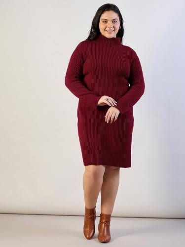 Sassafras Curve Women Maroon Acrylic Wool High Neck Short Dress XXL